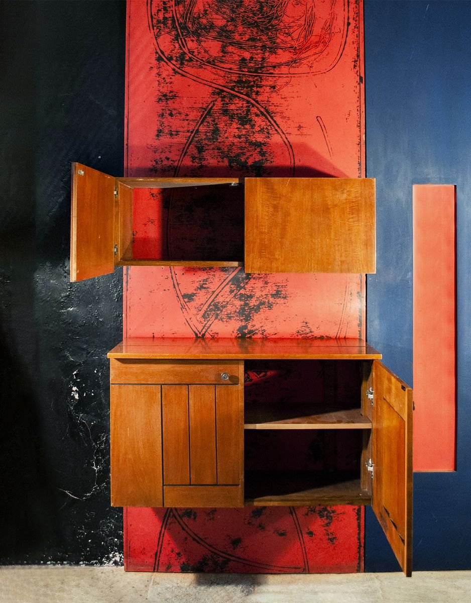 Italian Wooden Mobile Wall Unit with Bar Cabinet Decorated with Boiserie, 1958