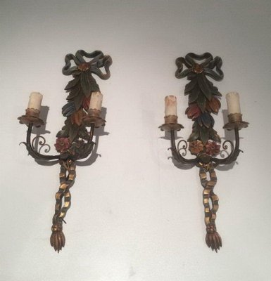 Italian Wooden Sculpted Wall Lights, 1960s, Set of 2-BA-1365699