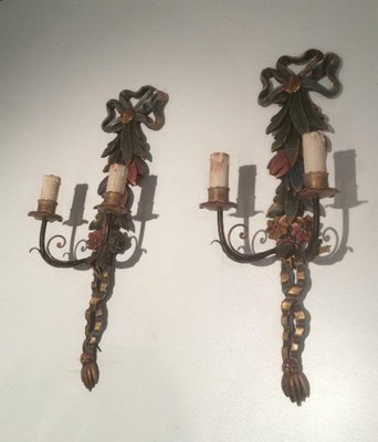 Italian Wooden Sculpted Wall Lights, 1960s, Set of 2-BA-1365699