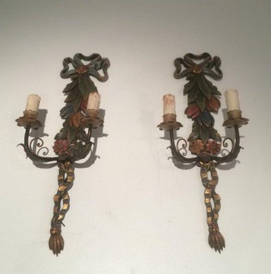 Italian Wooden Sculpted Wall Lights, 1960s, Set of 2-BA-1365699