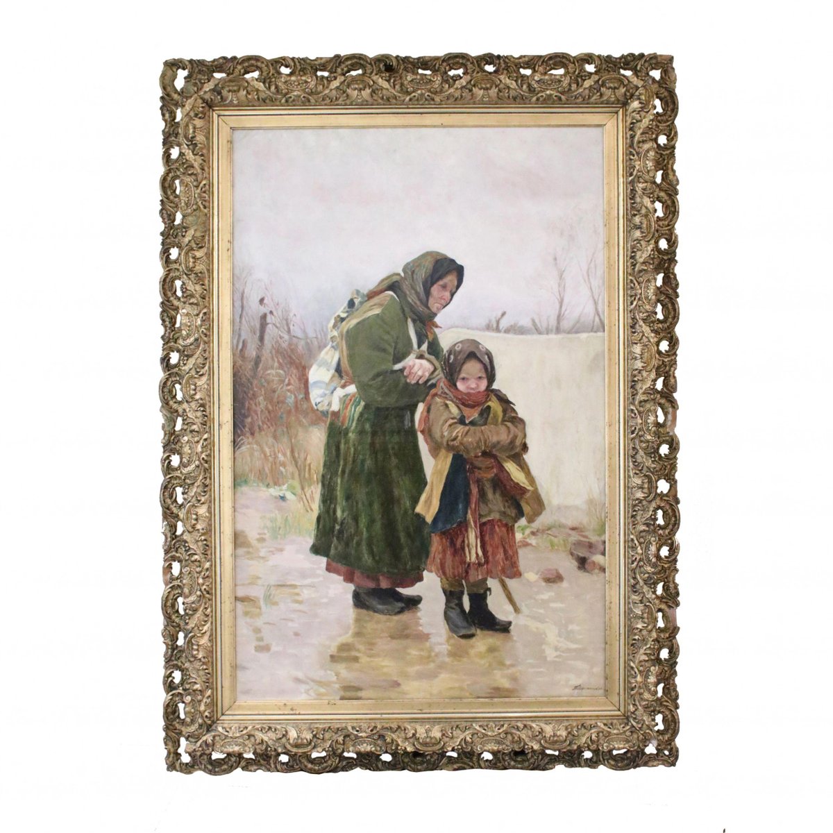 Ivan Ivanovich Tvorozhnikov, Grandmother with Granddaughter, 19th-Century, Oil on Canvas, Framed