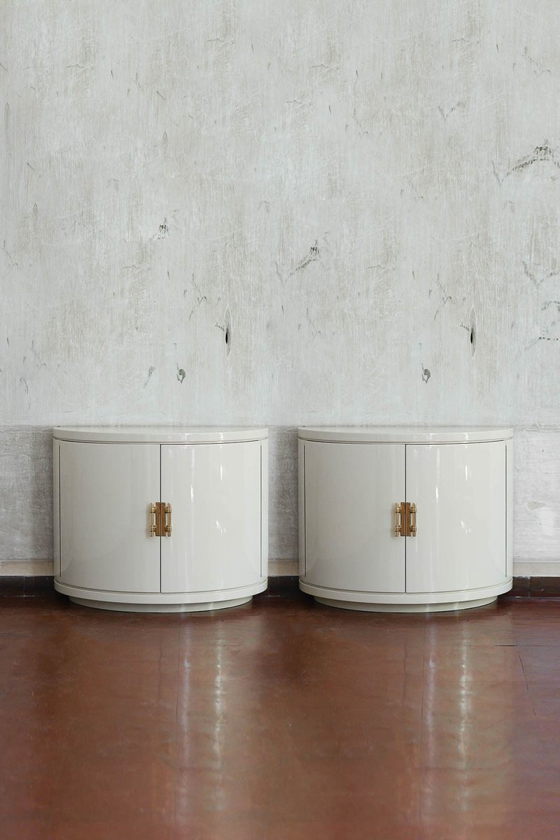 Ivory Lacquered Half-Moon Sideboards with Brass Details, 1930s, Set of 2