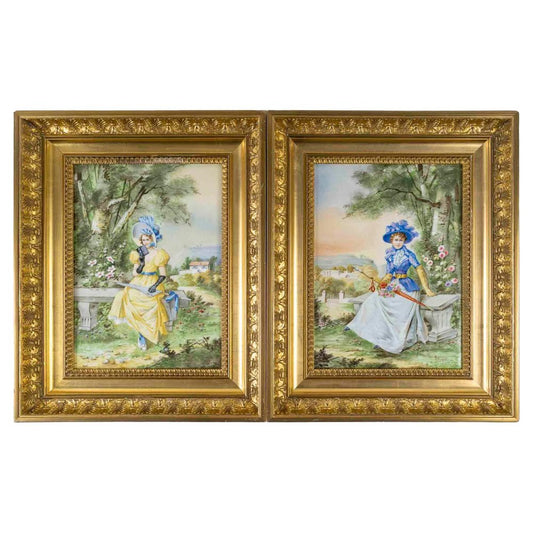 J. Bigot, Figurative Scenes, Paintings on Porcelain, 19th Century, Framed, Set of 2