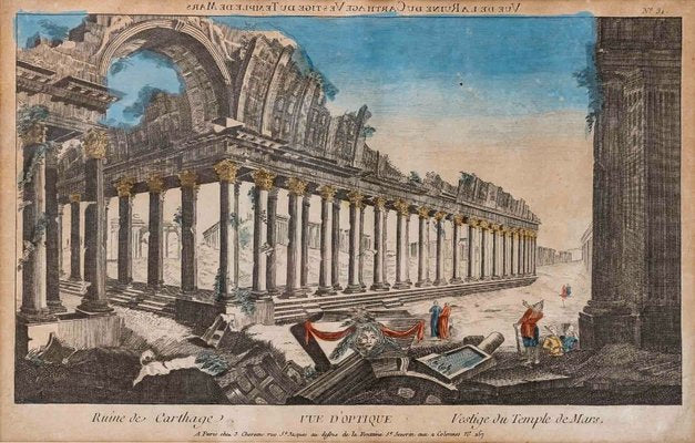 J. Chereau, The Ruins of Carthage, Remains of the Temple of Mars, 18th Century, Watercolor Etching-UQL-1723813