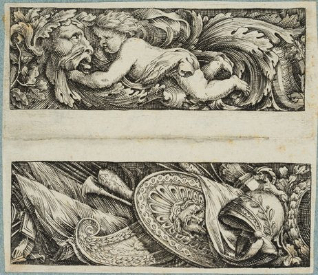 J. Meyer, Design of a Frieze With Putto, Leaf Mask and Weapons as Spoils of War, 17th-Century, Etching-OJR-1273479