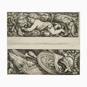 J. Meyer, Design of a Frieze With Putto, Leaf Mask and Weapons as Spoils of War, 17th-Century, Etching-OJR-1273479