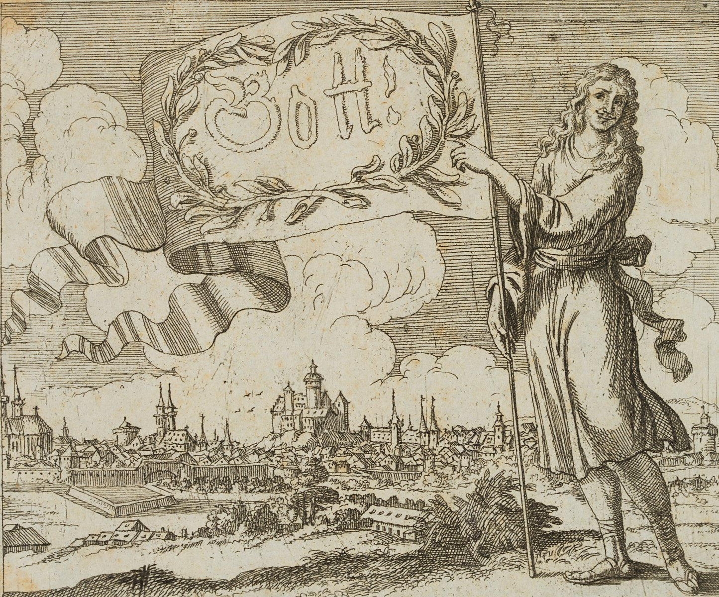 J. Meyer, Flag Bearer in Front of City Veduta, 17th-Century, Etching