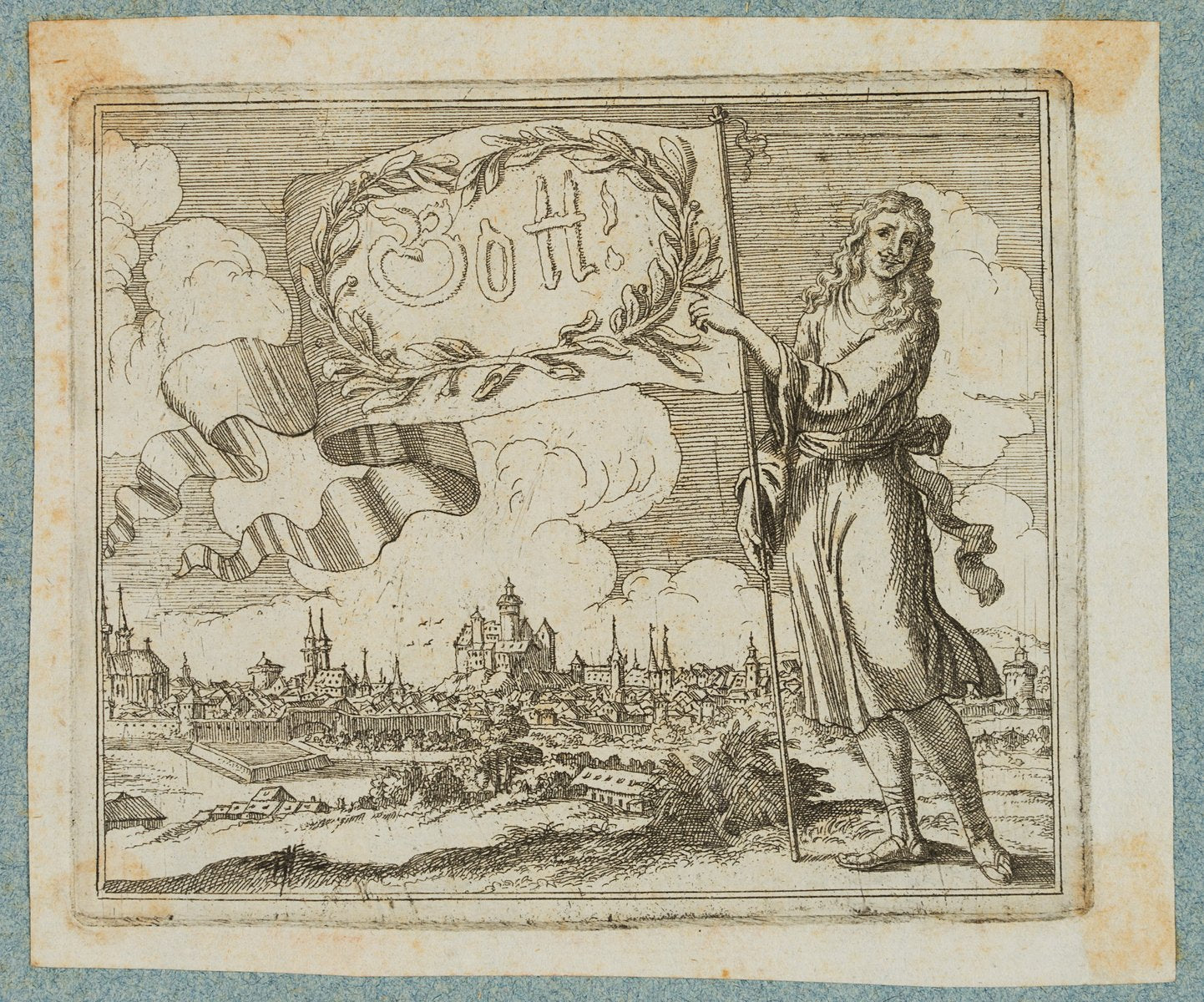 J. Meyer, Flag Bearer in Front of City Veduta, 17th-Century, Etching