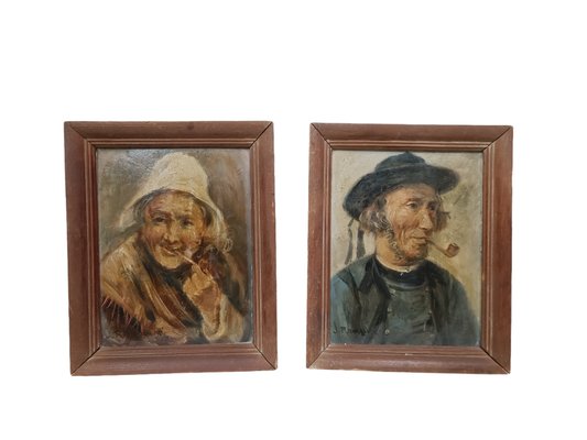 J. Ramaugé, Dutch Portraits, 1920s, Oil Paintings, Set of 2-ZVO-2032046