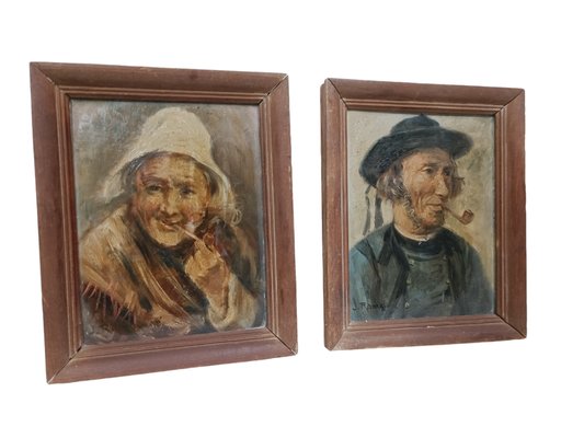 J. Ramaugé, Dutch Portraits, 1920s, Oil Paintings, Set of 2-ZVO-2032046