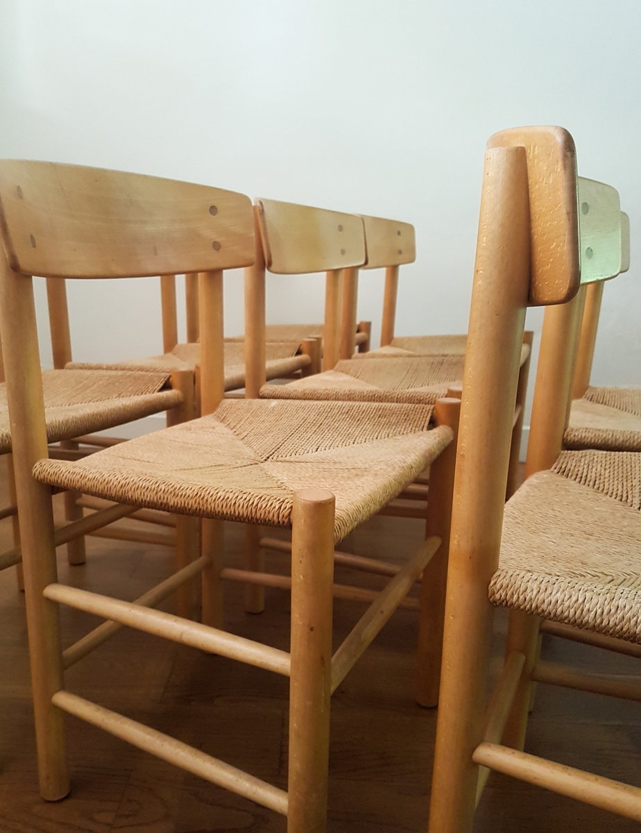 J39 Dining Chairs in Beach & Danish Papercord by Børge Mogensen for FDB Møbler, 1960s, Set of 8