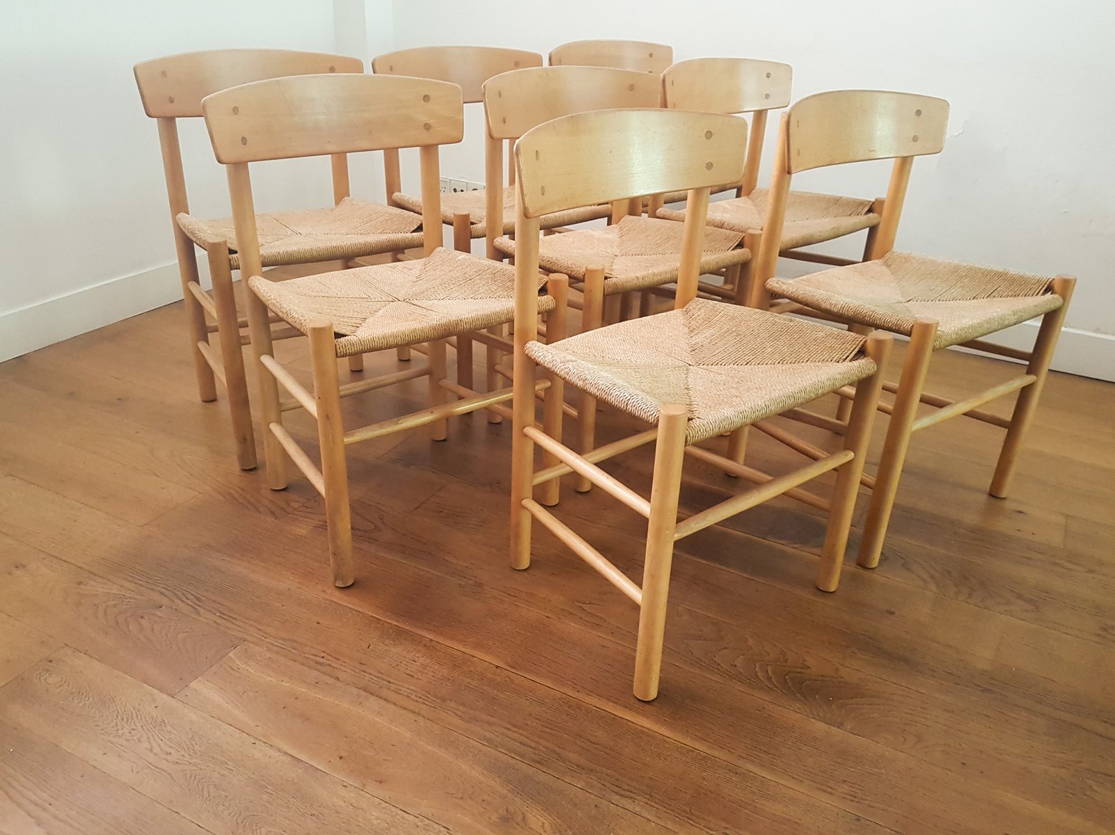 J39 Dining Chairs in Beach & Danish Papercord by Børge Mogensen for FDB Møbler, 1960s, Set of 8