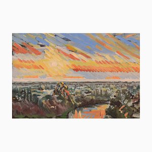 Jackson, Richmond Terrace, December Sunset, 20th-Century, Oil on Board, Framed-AOI-1311617