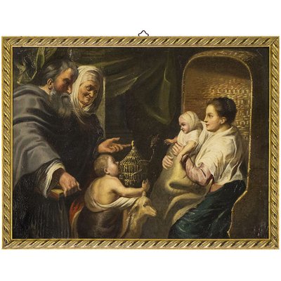 Jacob Jordaens, Madonna with Child, Anna, Joachim and Infant Saint John, 1800s, Oil Painting on Copper, Framed-BEW-2042004