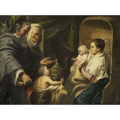 Jacob Jordaens, Madonna with Child, Anna, Joachim and Infant Saint John, 1800s, Oil Painting on Copper, Framed-BEW-2042004