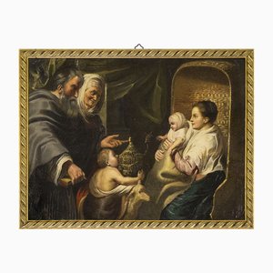 Jacob Jordaens, Madonna with Child, Anna, Joachim and Infant Saint John, 1800s, Oil Painting on Copper, Framed-BEW-2042004