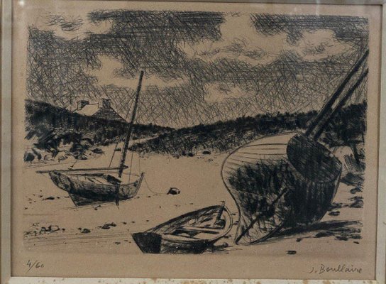 Jacques Boullaire, Breton Shore, Chausey Islands Boats, Lithograph, Framed-QKG-1762669