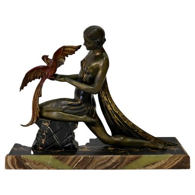 Jacques Limousin, Girl with Bird, 1920s, Babbitt on Marble Base-CXC-1368758