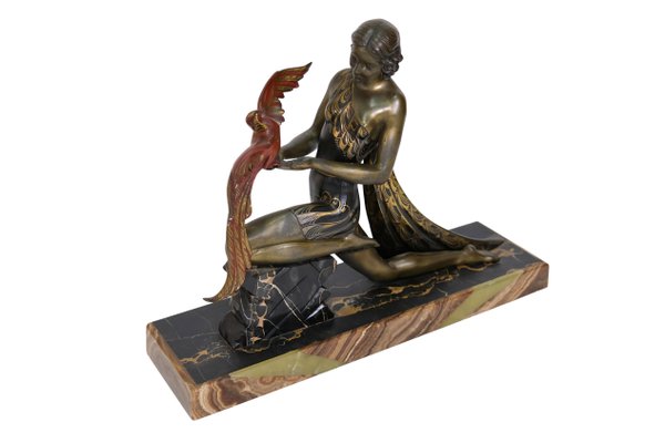 Jacques Limousin, Girl with Bird, 1920s, Babbitt on Marble Base-CXC-1368758