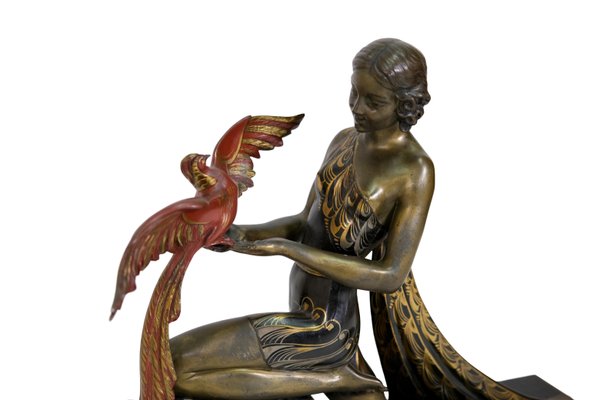 Jacques Limousin, Girl with Bird, 1920s, Babbitt on Marble Base-CXC-1368758