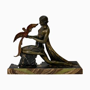 Jacques Limousin, Girl with Bird, 1920s, Babbitt on Marble Base-CXC-1368758