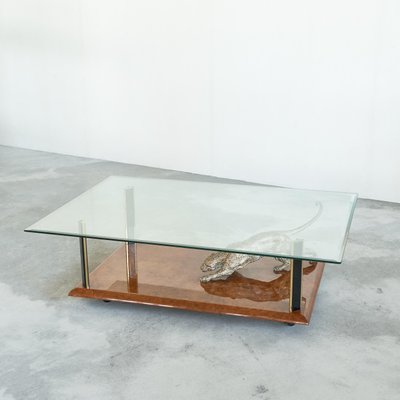 Jaguar Coffee Table in Bronze, Burl Wood and Beveled Glass from Nicola Voci, 1970s-LPQ-1814051