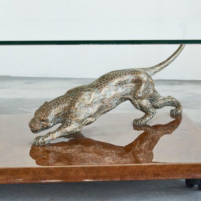 Jaguar Coffee Table in Bronze, Burl Wood and Beveled Glass from Nicola Voci, 1970s-LPQ-1814051