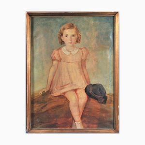 Jakab Ödön, Seated Young Girl with a Hat in Her Hands, 1920s, Oil on Canvas-QOR-2023415