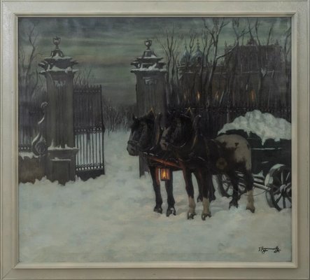 Jakob Koganowsky, Winter Street Scene with a Carriage, 1890s-1910s, Oil on Canvas-QOR-2022843