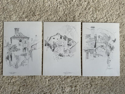 Jan Kristofori, Swiss Motives/Tessin Houses, Original Pencil Sketches, Set of 3