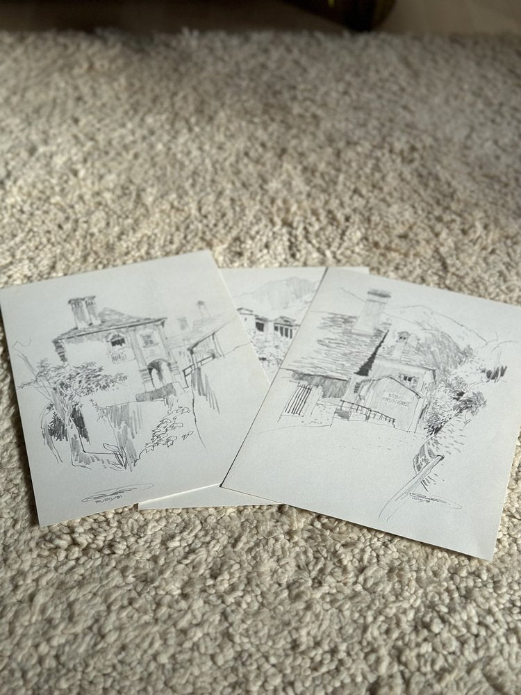 Jan Kristofori, Swiss Motives/Tessin Houses, Original Pencil Sketches, Set of 3