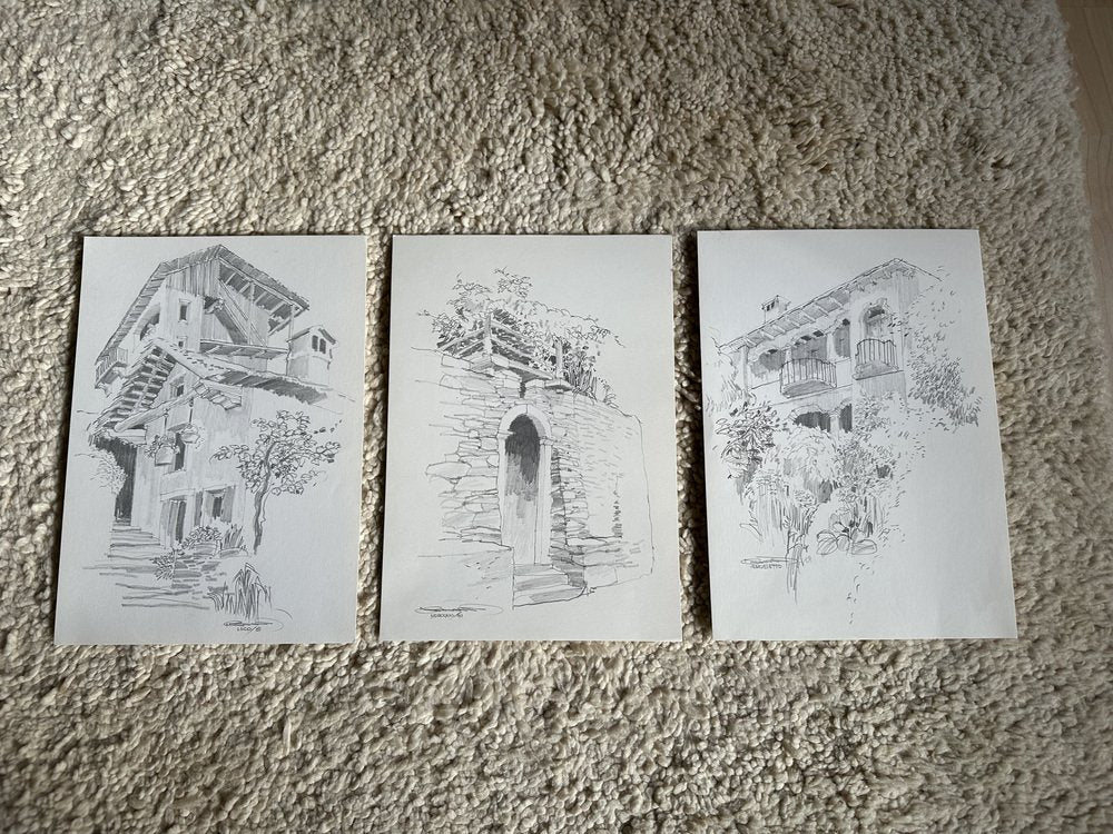 Jan Kristofori, Swiss Motives/Tessin Houses, Original Pencil Sketches, Set of 3