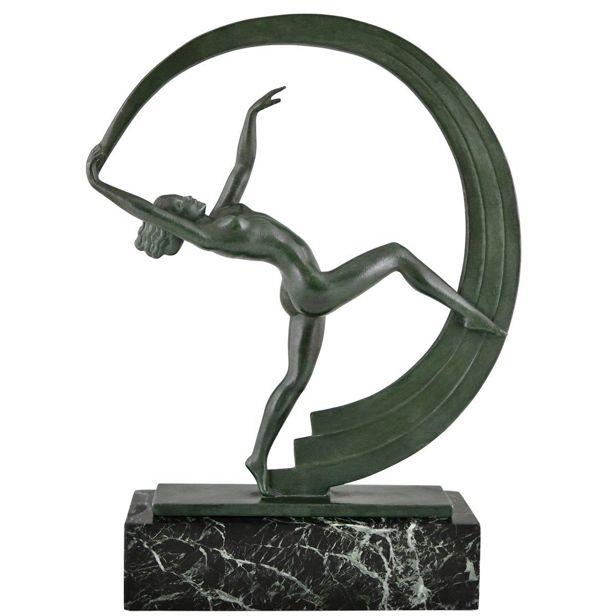 Janle for Max Le Verrier, Art Deco Bacchanale Nude Dancer with Scarf, 1930, Metal on Marble Base