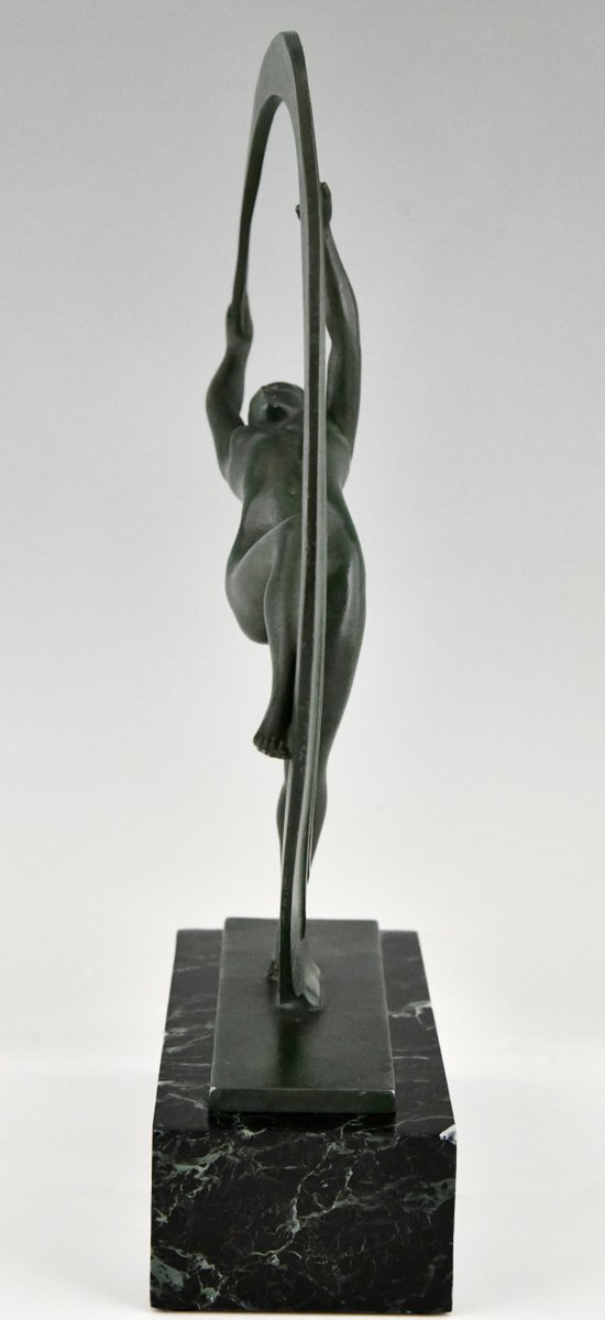 Janle for Max Le Verrier, Art Deco Bacchanale Nude Dancer with Scarf, 1930, Metal on Marble Base