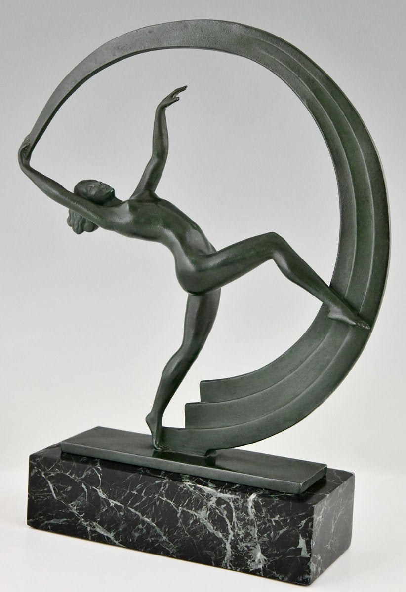 Janle for Max Le Verrier, Art Deco Bacchanale Nude Dancer with Scarf, 1930, Metal on Marble Base