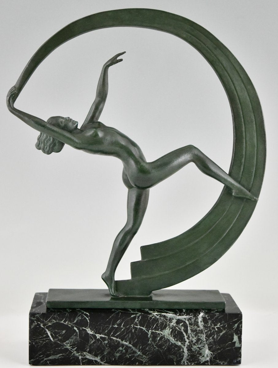 Janle for Max Le Verrier, Art Deco Bacchanale Nude Dancer with Scarf, 1930, Metal on Marble Base