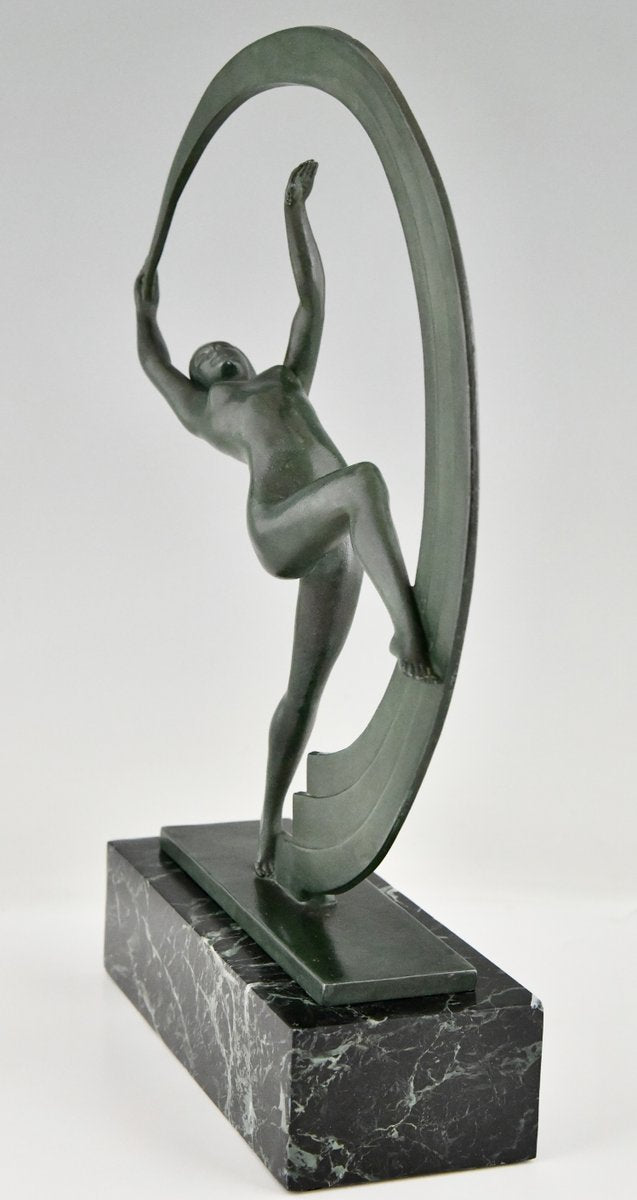 Janle for Max Le Verrier, Art Deco Bacchanale Nude Dancer with Scarf, 1930, Metal on Marble Base