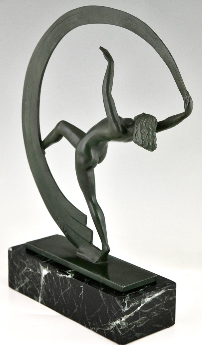 Janle for Max Le Verrier, Art Deco Bacchanale Nude Dancer with Scarf, 1930, Metal on Marble Base