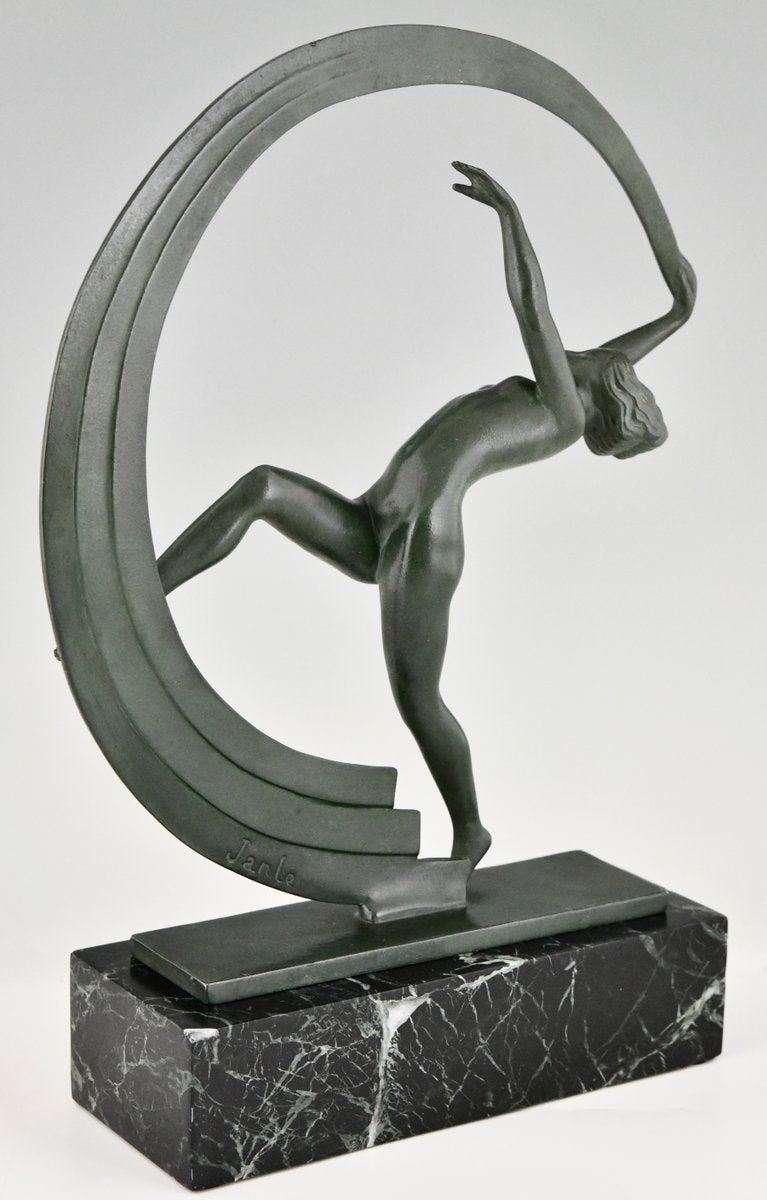 Janle for Max Le Verrier, Art Deco Bacchanale Nude Dancer with Scarf, 1930, Metal on Marble Base