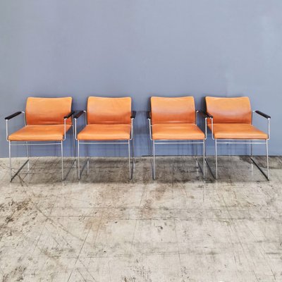 Jano Chairs in Cognac Leather with Wooden Armrests by Kazuhide Takahama for Studio Simon, 1970s, Set of 4-PRS-1818380