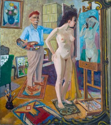 János Tiszavölgyi, The Painter's Workshop with a Nude Model, 1960s, Oil on Canvas-QOR-2022822