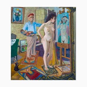 János Tiszavölgyi, The Painter's Workshop with a Nude Model, 1960s, Oil on Canvas-QOR-2022822