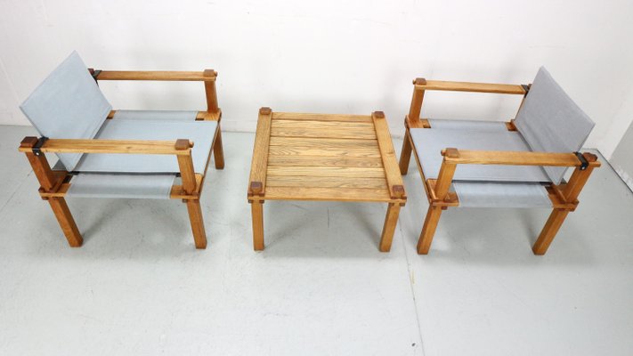 Japandi Safari Armchairs and Table attributed to Gerd Lange, 1965, Set of 3-DT-2026275