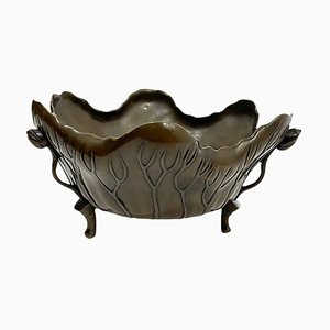 Japanese Bronze Ikebana Lotus Footed Bowl-UCH-1294491