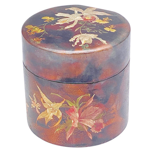 Japanese Cylindrical Box in Brown Lacquer Paint with Flower Decoration