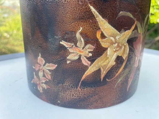 Japanese Cylindrical Box in Brown Lacquer Paint with Flower Decoration-UR-1326508