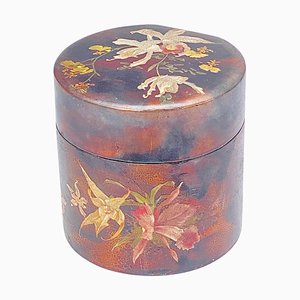 Japanese Cylindrical Box in Brown Lacquer Paint with Flower Decoration-UR-1326508