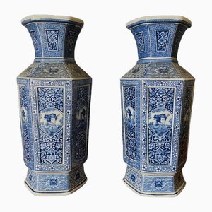 Japanese Hexagonal Blue Background Vases with Cut Sides, Set of 2-QKG-1799986