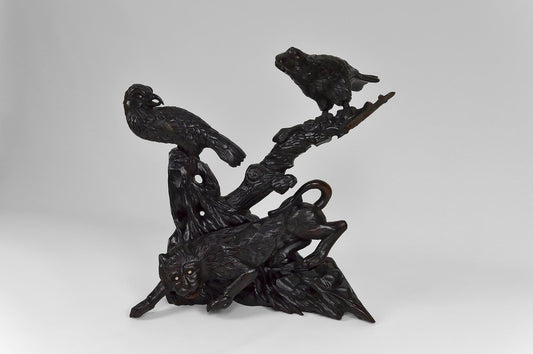 Japanese Meiji Era Artist, Large Okimono Sculpture with Lion and Crows, 1880s, Wood