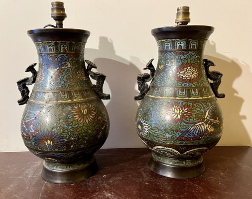 Japanese Meijj Bronze and Cloisonne Enamel Vases, Set of 2-WRQ-1742569